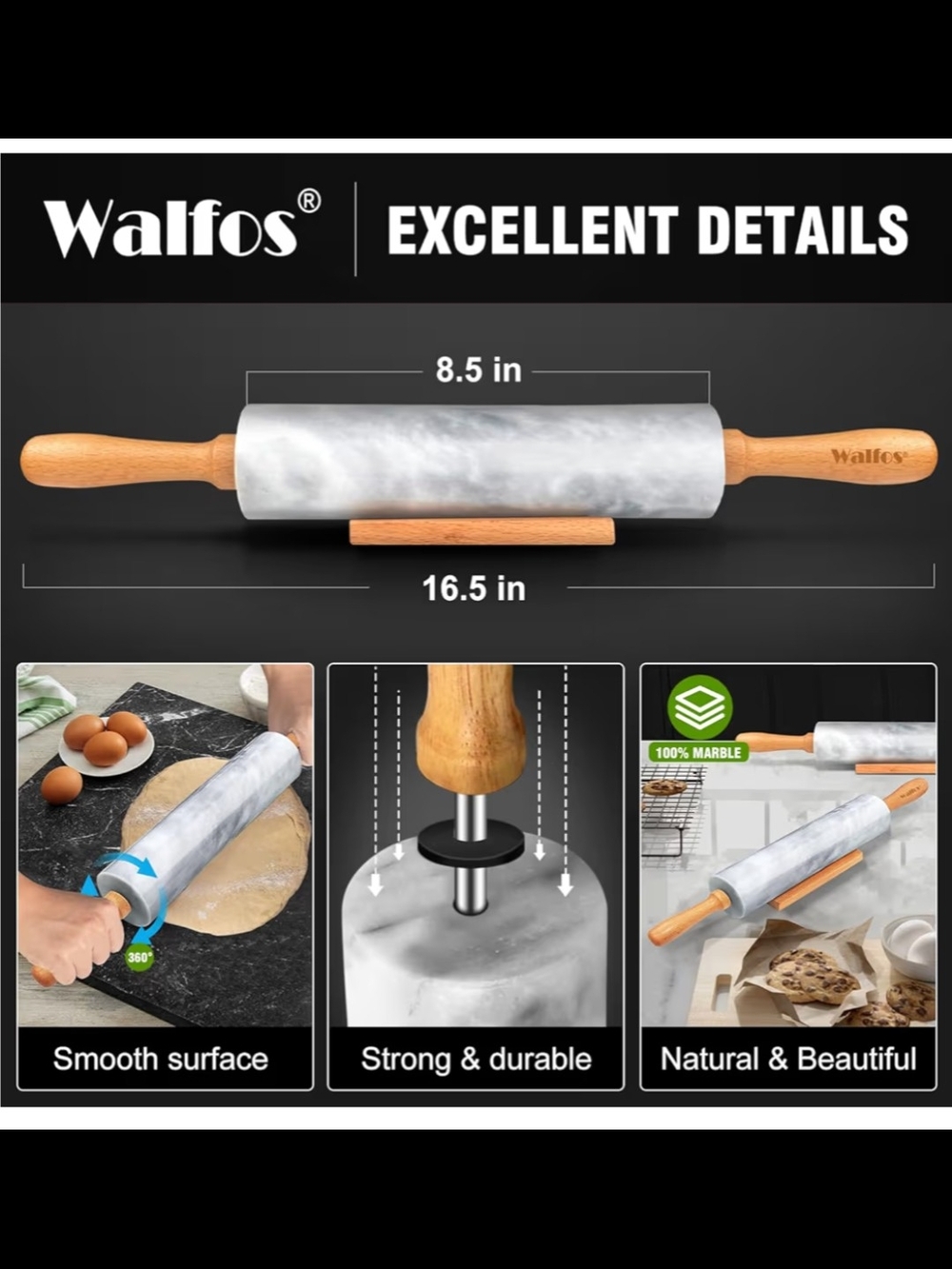 White Marble Rolling Pin with Wooden Handles - Smooth Durable Design